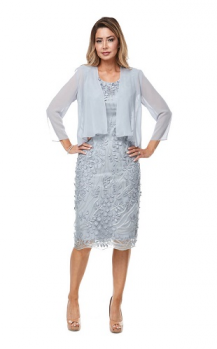 Jesse Harper collection, Style Code JH0139-Silver, Mid length stretch embroidered dress with short chiffon jacket.