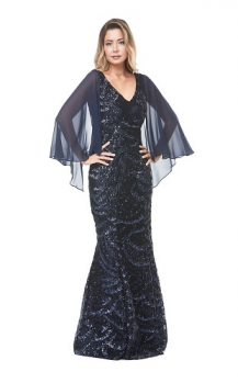 Jesse Harper collection, Style Code JH0180, Long beaded V neck dress with chiffon cape overlay and fishtail skirt.