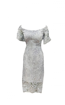 Jesse Harper collection, Style Code JH0182_Silver, Strapless embroidered mesh dress with short sleeve.