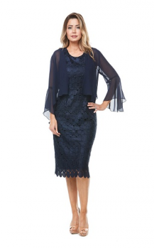 Jesse Harper collection, Style Code JH0194, Mid length embroidered dress with ornamental trim hem and chiffon waterfall jacket with 3/4 bell sleeves.