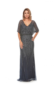 Jesse Harper collection, Style Code JH0270, Long beaded dress with blouson wrap bodice.