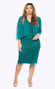 Jesse Harper collection, Style Code JH0345, Midlength stretch jersey beaded dress with 34 chiffon jacket Dazzling beaded design Flattering length cocktail dress that hits just below the knee Matching 34 sleeve chiffon jacket finishes the look