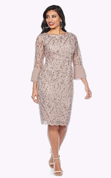 Jesse Harper collection, Style Code JH0377, Sequin lace midlength dress with scallop hem and 3/4 sleevesGorgeous organic lace fabric with shimmery sequins3/4 sleeve with contrast chiffon cuffscalloped hemline sits just below knee