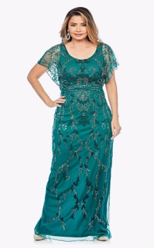 Jesse Harper collection, Style Code JH0389, Full length gown with beaded chiffon overlay in organic damask inspired pattern Shimmering beaded damask inspired design Flattering round neckline Glamorous full length gown with short sleeve