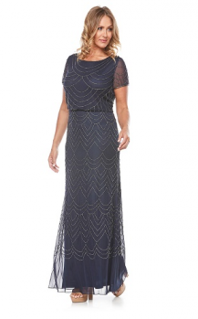 Layla Jones collection, Style Code LJ0136, Long beaded mesh dress with short sleeve.