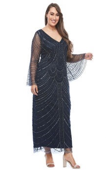 Layla Jones collection, Style Code LJ0322, Beaded long dress featuring bell sleeves.