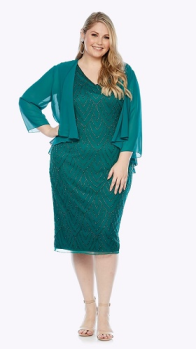 Layla Jones collection, Style Code LJ0343, Midlength stretch jersey beaded dress with 3/4 chiffon jacketDazzling beaded designFlattering length cocktail dress that hits just below the kneeMatching 3/4 sleeve chiffon jacket finishes the look