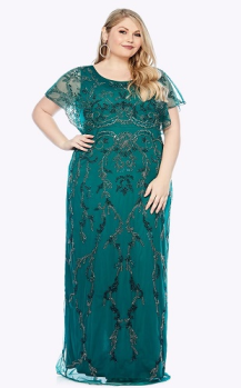 Layla Jones collection, Style Code LJ0390, Fulllength gown with beaded chiffon overlay in organic damask inspired patternShimmering beaded damask inspired designFlattering round necklineGlamorous full length gown with short sleeve