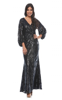 Zaliea collection, Style Code Z0159, Long peasant sleeve flocked lurex wrap dress.