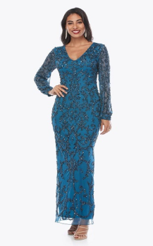 Zaliea collection, Style Code Z0247, Long beaded dress with blouson sleeve