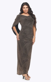 Zaliea collection, Style Code Z0281, stretch glitter long dress with rushed waist and dipped back overlay