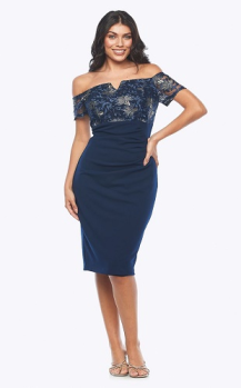 Zaliea collection, Style Code Z0287, stretch crepe with embroidered bodice short dress